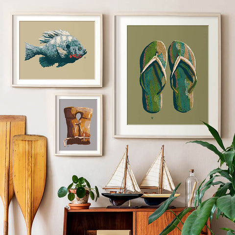 lake art collection in summer home interior