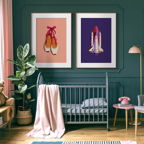 cool kids prints of ballet shoes and space shuttle