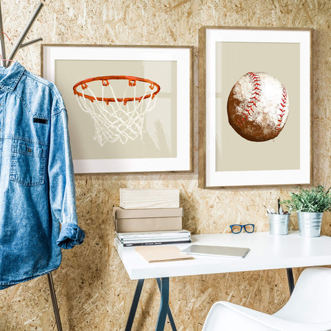 sports wall art of basketball and baseball in teen boy room