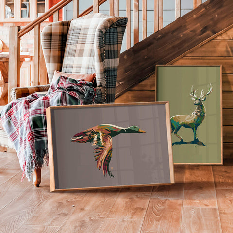 cabin art and hunting paintings in modern mountain house