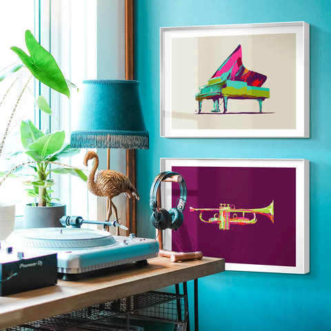 music paintings of instruments in a teal living room