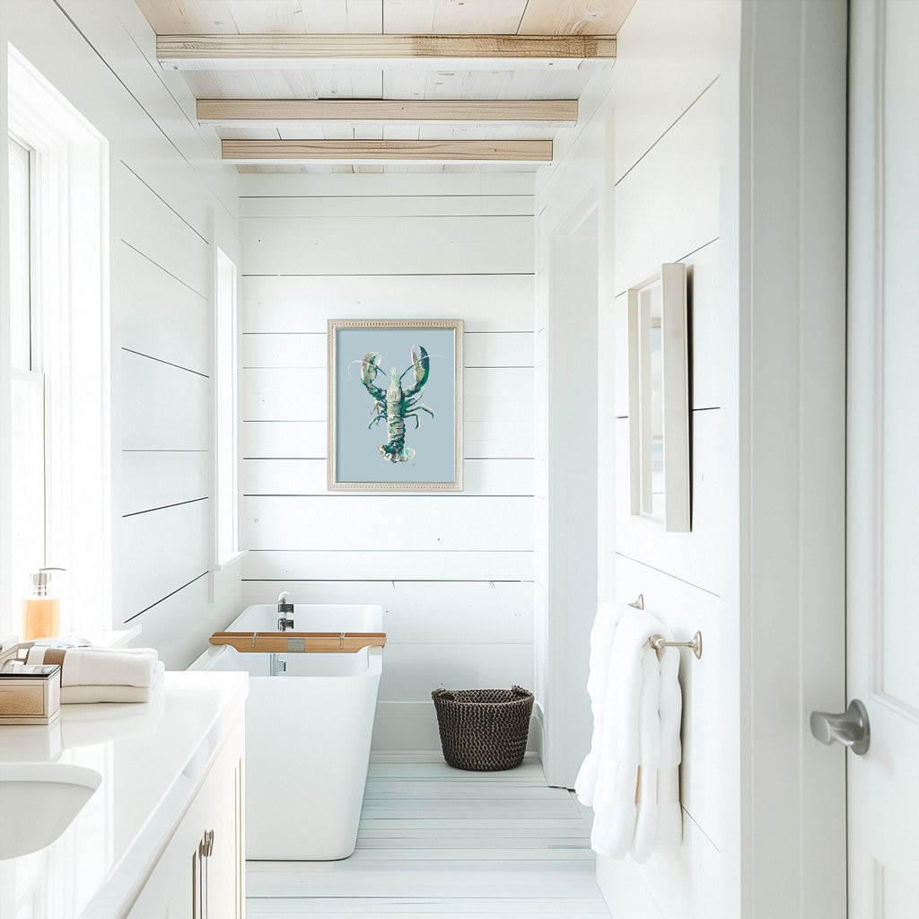 coastal living bathroom with lobster art in light blue