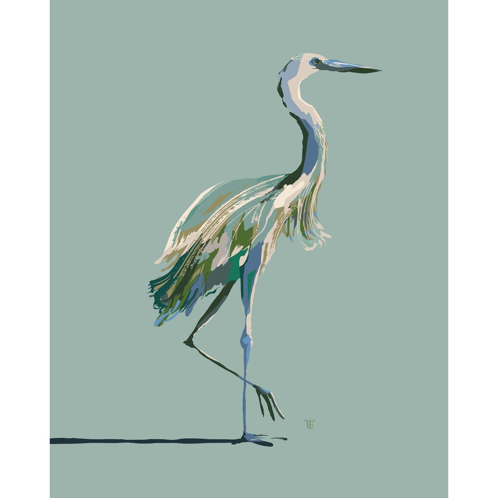 heron art print in muted greens