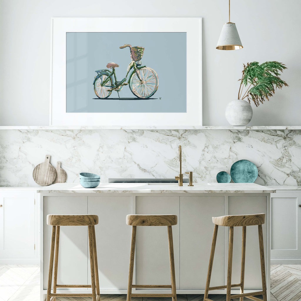 bicycle art in light blue in a modern kitchen