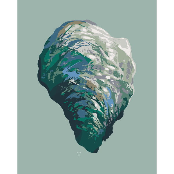 oyster art print in blue-greens