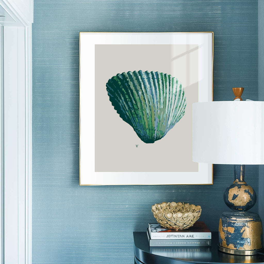 framed sea shell art in modern coastal beach house