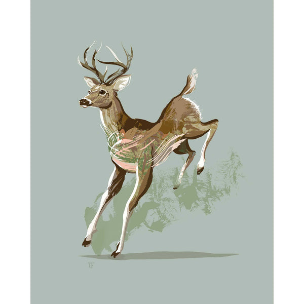 deer print of a 10 point buck in a modern style on a light sage green background