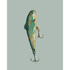 colorful fishing lure artwork in a contemporary style on a light gray-green background
