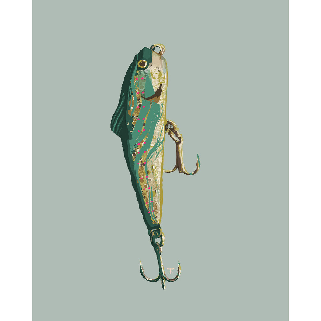 colorful fishing lure artwork in a contemporary style on a light gray-green background
