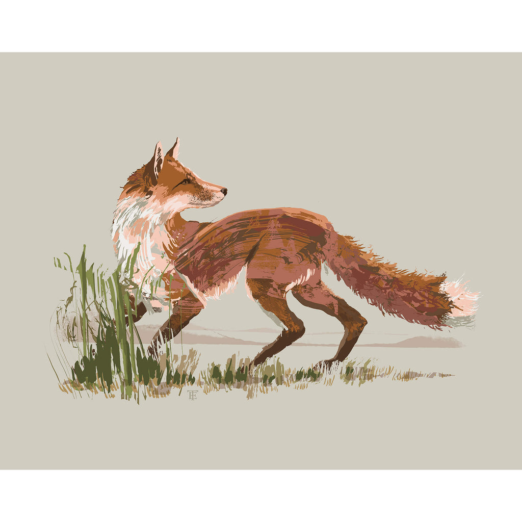 fox painting in a modern brushstroke style on a beige background. the fox is looking back over its shoulder