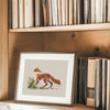 framed fox painting on a bookshelf in a naturalist's cabin, the image is a close up shot