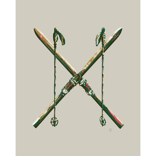 an antique ski poster in vintage colors, the skis are crossed and the poles hang down straight