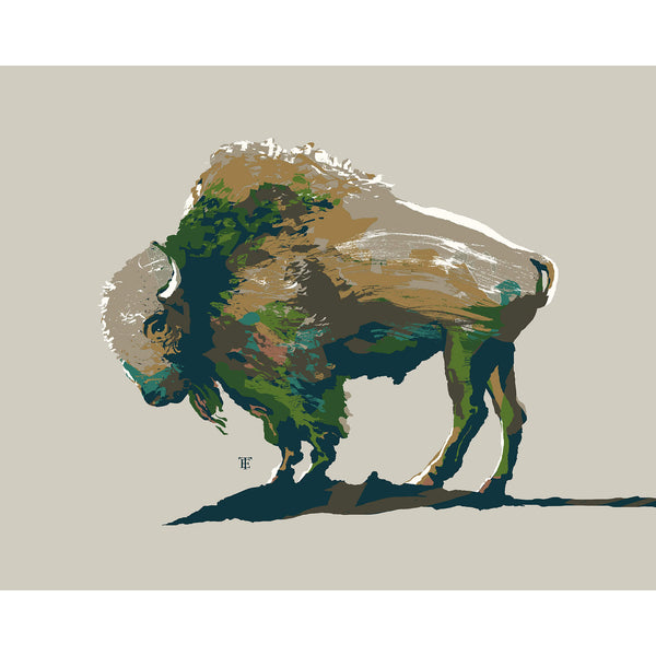 buffalo artwork in muted colors on a beige background
