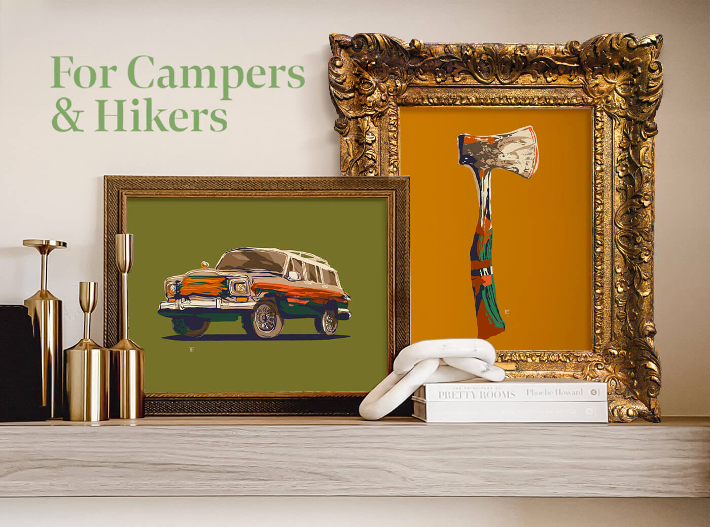 camping art posters on shelf