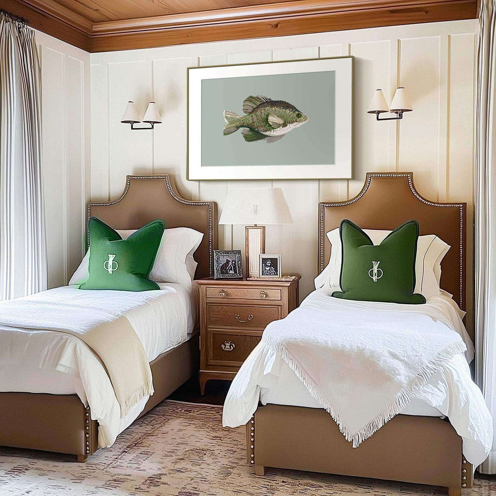 preppy twin boys bedroom with crappie drawing fishing wall decor in a frame above the beds with monogrammed pillows