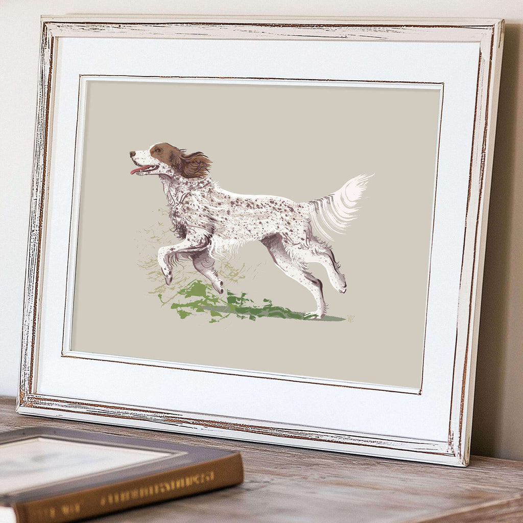 English Setter Llewellin painting in a white wooden frame
