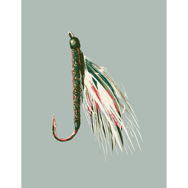 fishing fly art on a sage green background