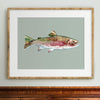 Framed fly fishing painting of a rainbow trout in muted colors