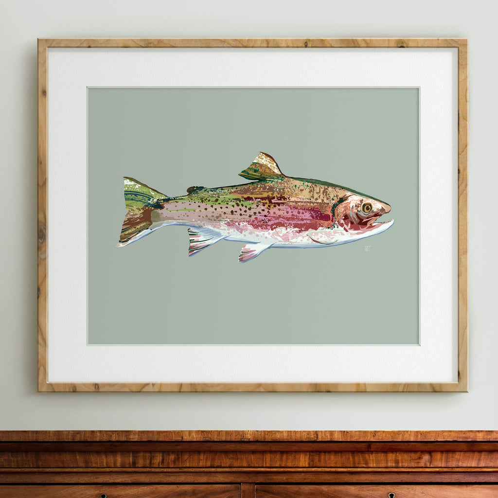 Framed fly fishing painting of a rainbow trout in muted colors