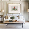 living room of a designer show house in Virginia, there is a modern fox hunting painting over the white sofa