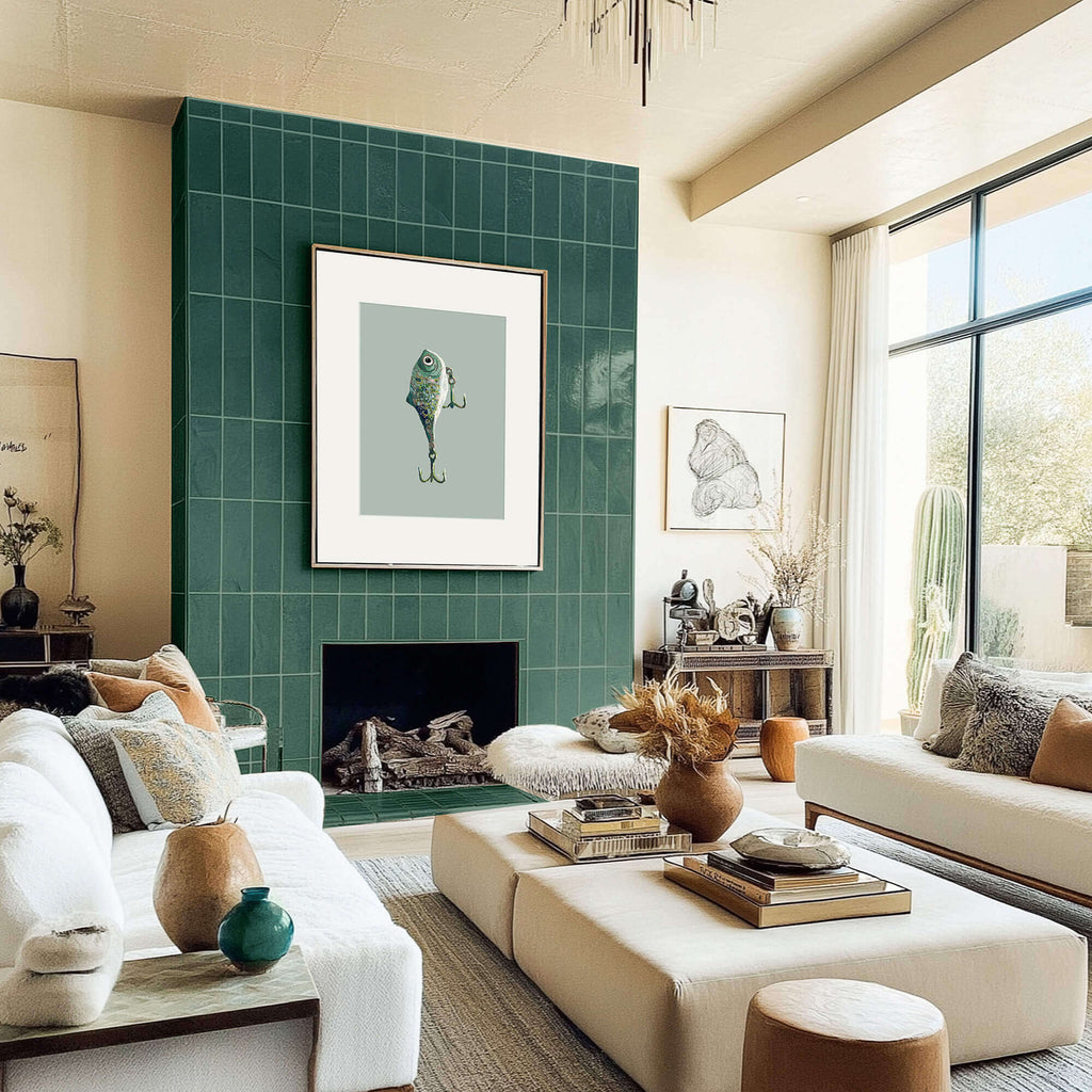 living room lake decor with framed fishing lure painting on the wall, the fireplace is tiled in deep green tiles, the sofas are white