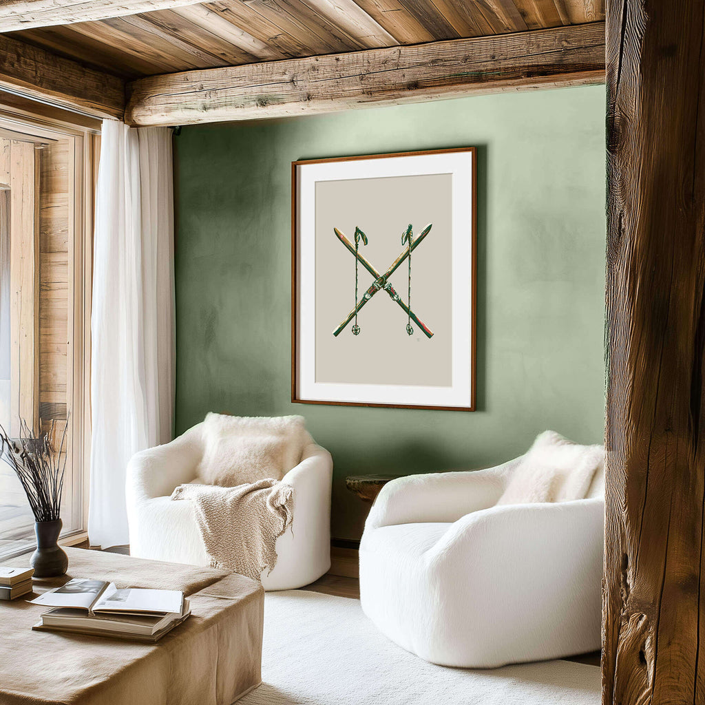 small living room in Park City, Utah with an antique ski poster on the wall above two chairs