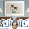 german shorthaired pointer drawing in a frame over twin beds with white and blue linens