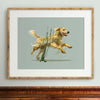 golden retriever drawing in a modern style in a burl wood frame over  an antique chest of drawers