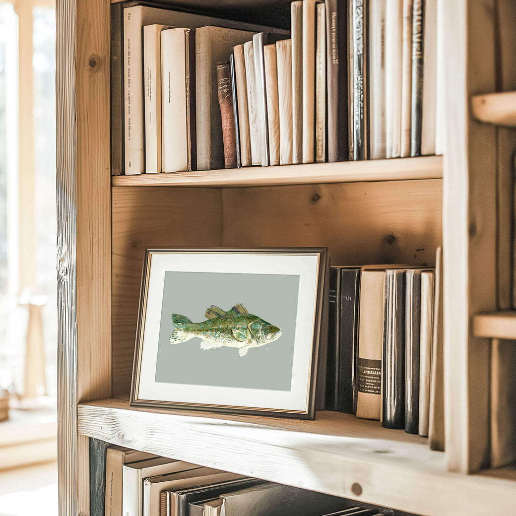 largemouth bass drawing in a frame on a built-in wooden bookshelf of a lake house. with rustic decor