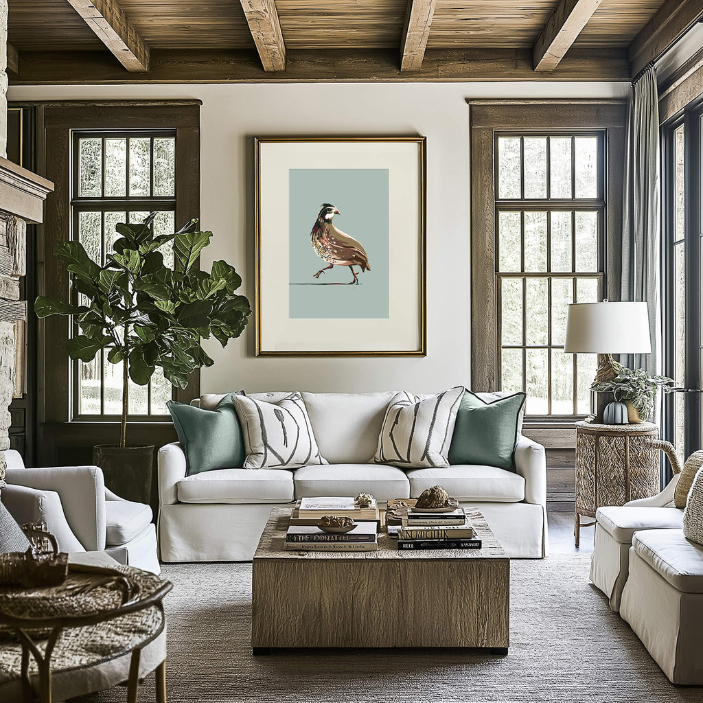 quail drawing in a living room of a mountain house in Highlands, NC