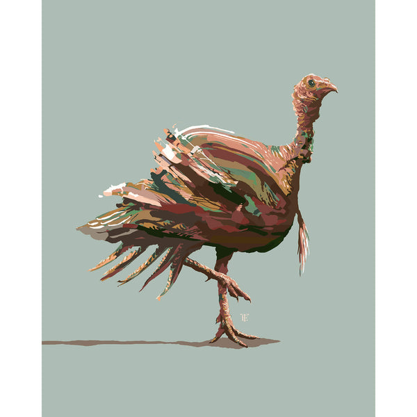 Turkey drawing in muted colors on a sage green background