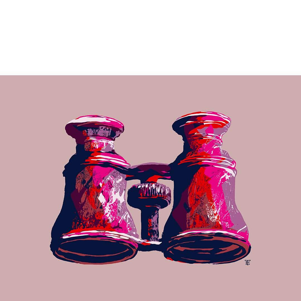 colorful art print poster of antique binoculars on lavender background