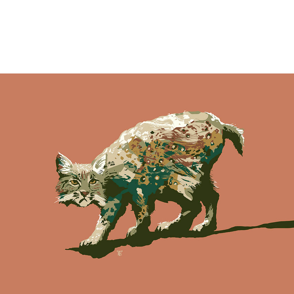 modern bobcat art print in pink and brown