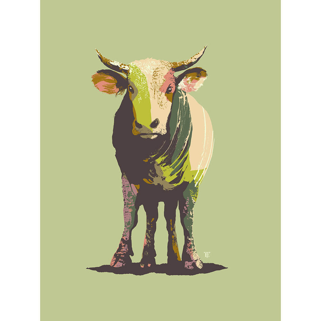 modern farmhouse bull art print in green, pink, and gray