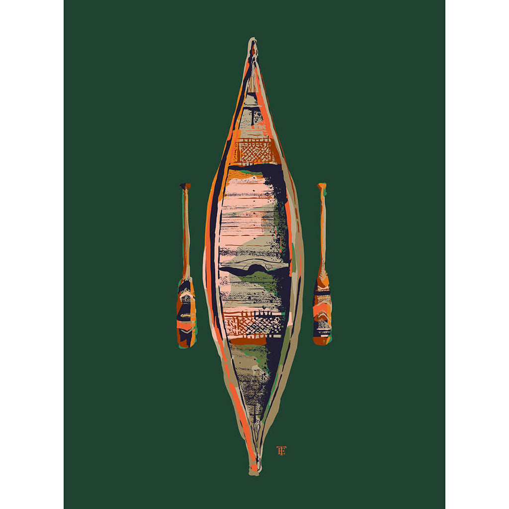 colorful canoe art print poster on green background