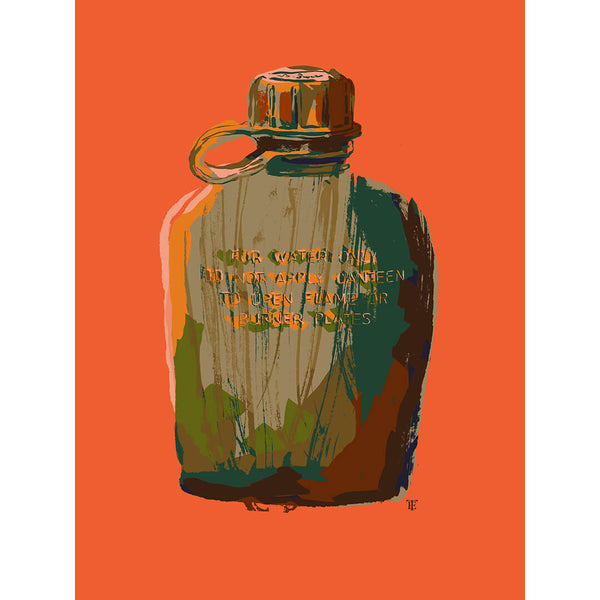 Orange and green art print of a military canteen