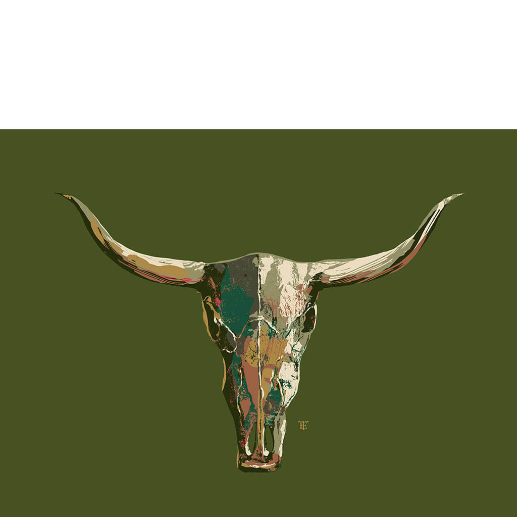 modern cow skull art print in greens