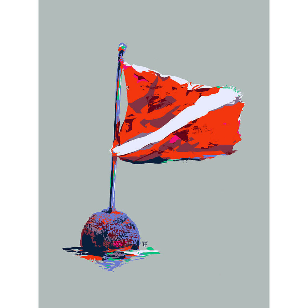 colorful scuba diver down flag art print