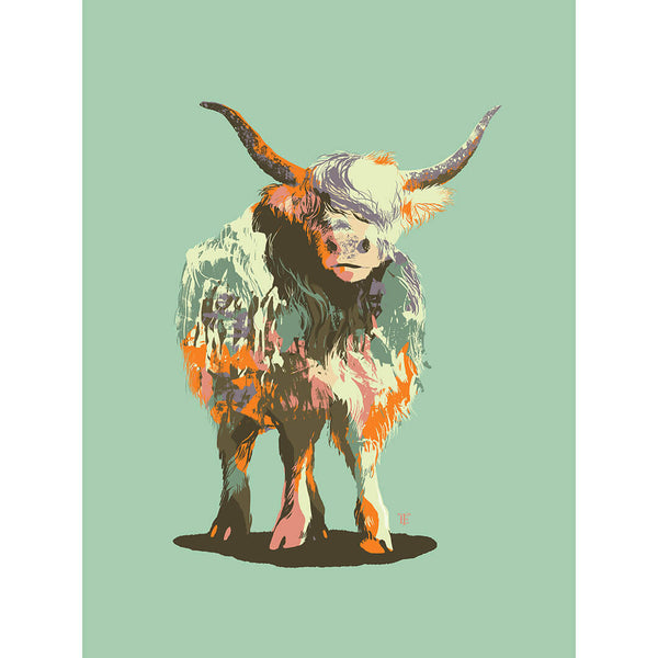 highland cow print in green and orange