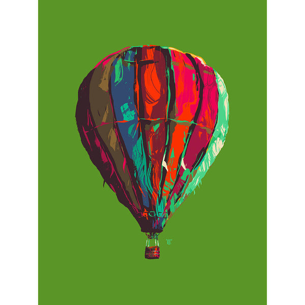 colorful hot air balloon art print on green