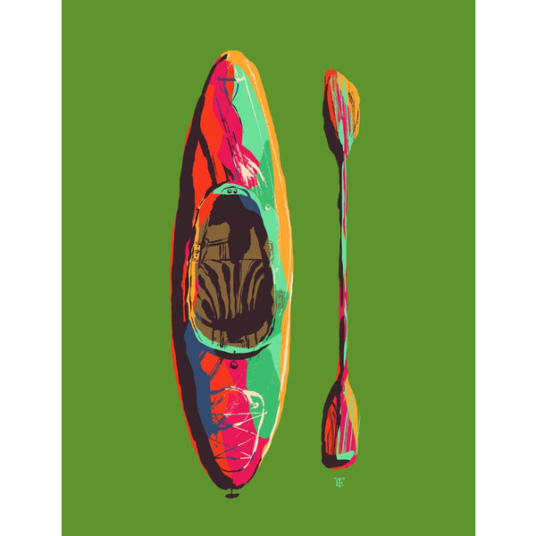 colorful kayak art print on green