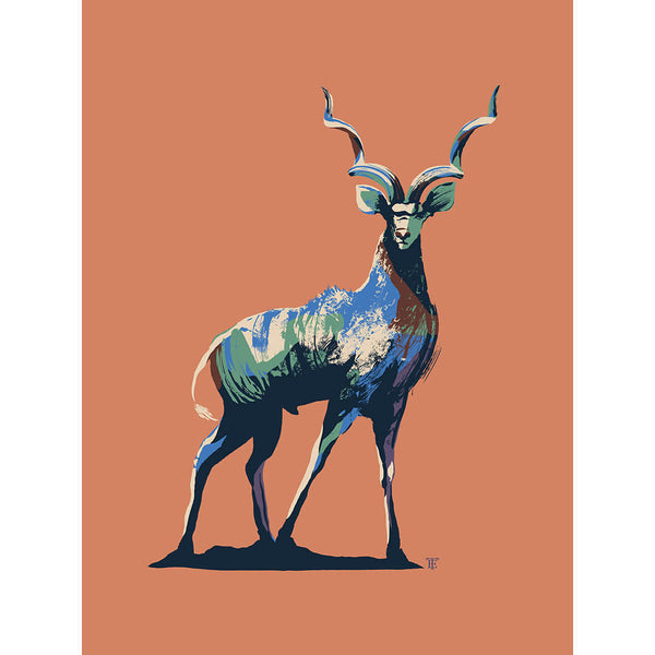 modern kudu art print in orange, rust, and blue