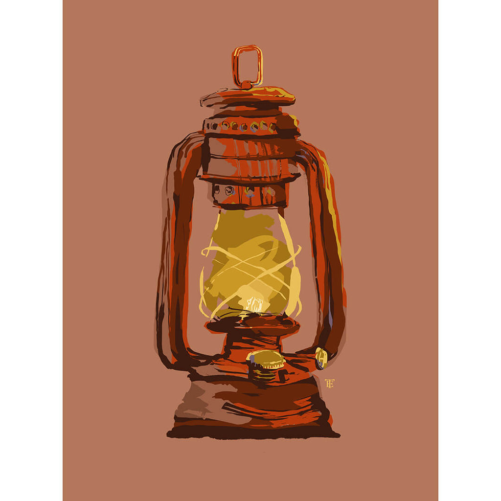 rust colored art print of camping lantern