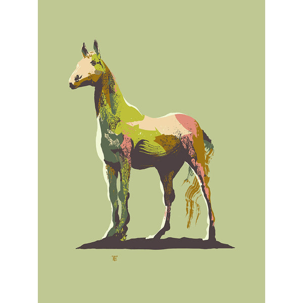 modern standing horse art print in greens