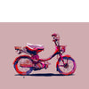 colorful art print poster of a red, blue, and purple moped on pinkish background