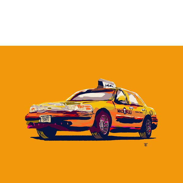 New York Taxi Cab Art print in bright colors on yellow