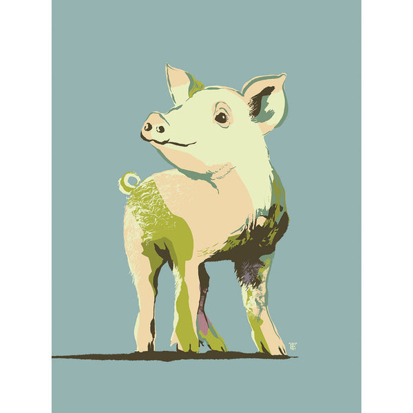 modern piglet art print in colorful blue, green, and beige