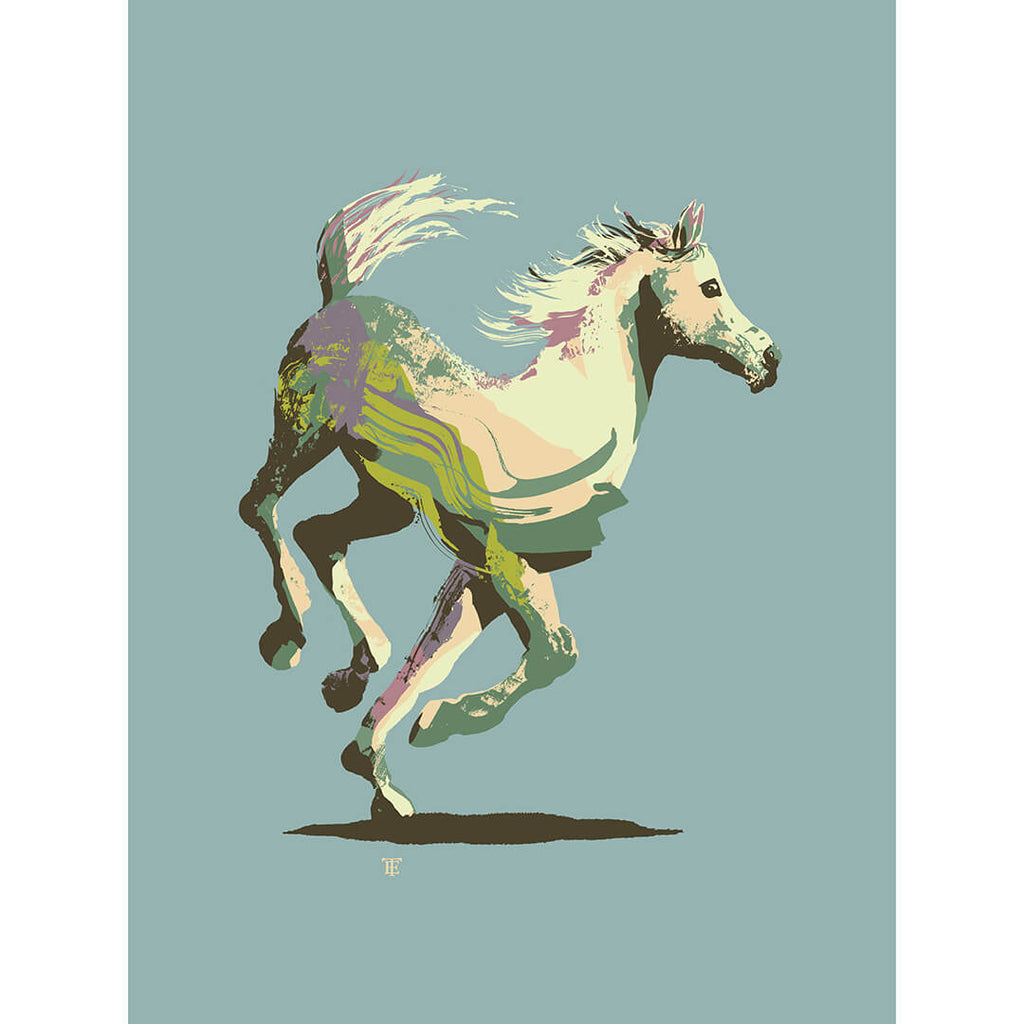 colorful modern horse art print in blues and greens