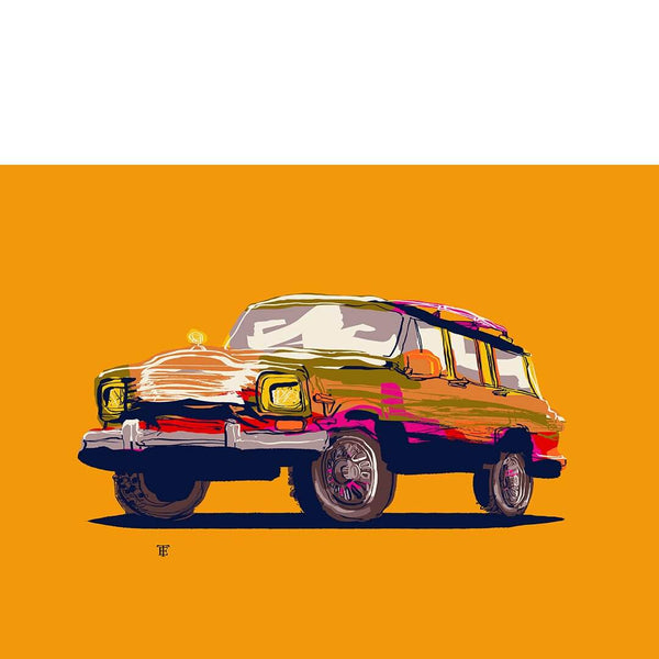 vintage antique SUV 4x4 art print poster of colorful line drawing on yellow