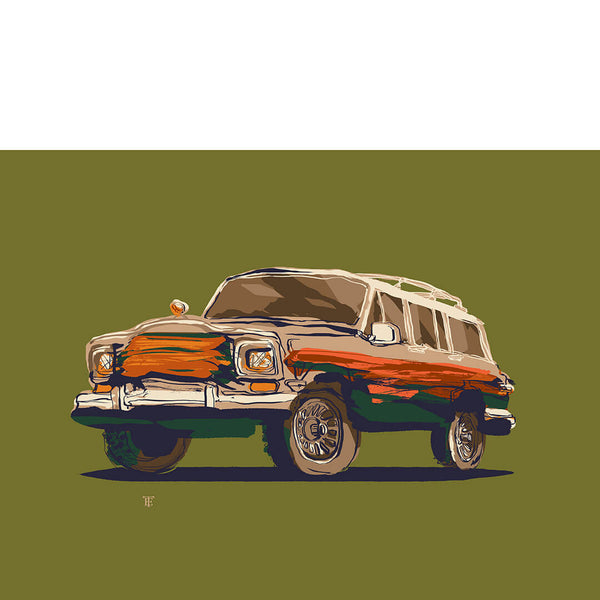 colorful art print of a vintage SUV